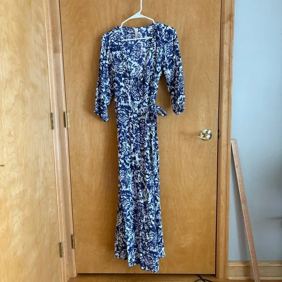 Raga Womens Blue White Floral Ikat Viscose Wrap Maxi Dress Size M 3/4 Sleeve - Picture 1 of 9